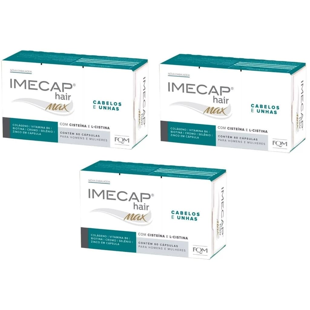 Kit com 3 Imecap Hair MAX de 60 Cápsulas, Colágeno Cabelos e Unhas 180 cápsulas total - FQM