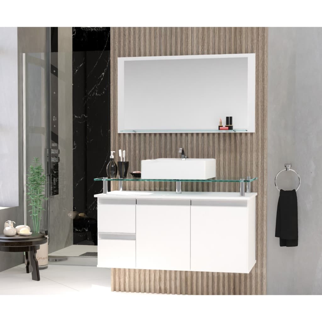 Conjunto Gabinete Banheiro Diamante 80cm MDF + Espelheira + Cuba + tampo de vidro temperado