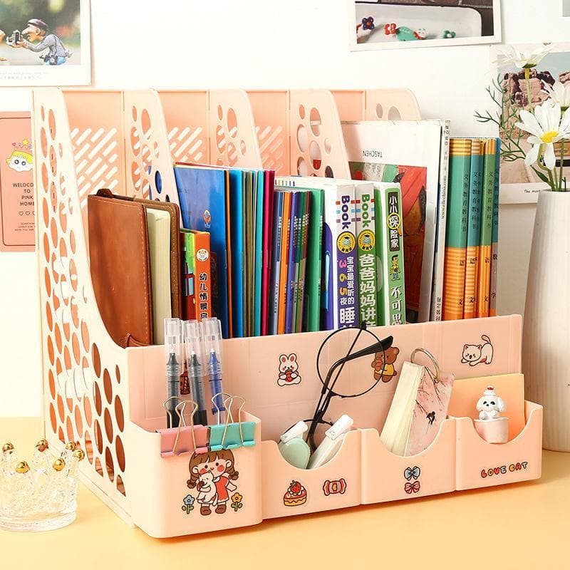Porta-Papéis e Livros - Organizador de Mesa com Porta-Treco 4 Divisórias + Figurinhas - Organização Inteligente