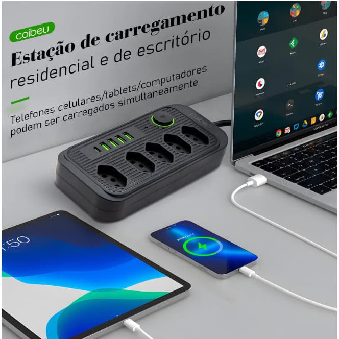 Extensão 5 Tomadas 4 USB 1 Type-C Universal Bivolt Power 110v/220v 2m WKC-541!