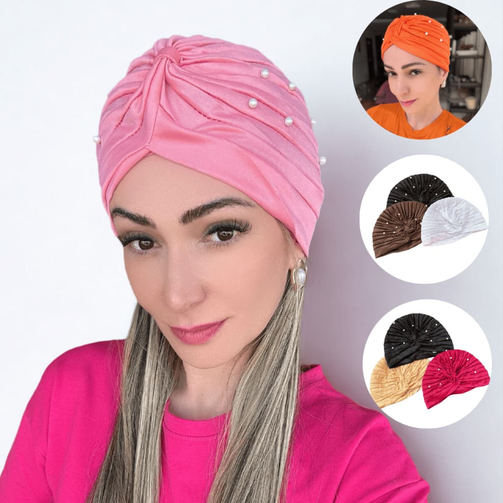 Kit 3 Turbantes Femininos Indianos Fechados com Pérolas Elásticos Elegância e Conforto