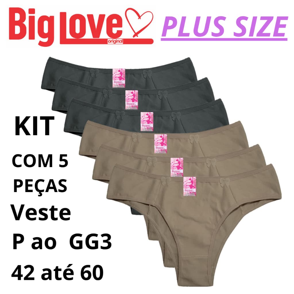 Kit 5 Calcinha PLUS SIZE de Algodão Tamanhos ESPECIAIS 42 ao 60  ( XGG,GG2,GG3 ) CONFORTO BIG LOVE