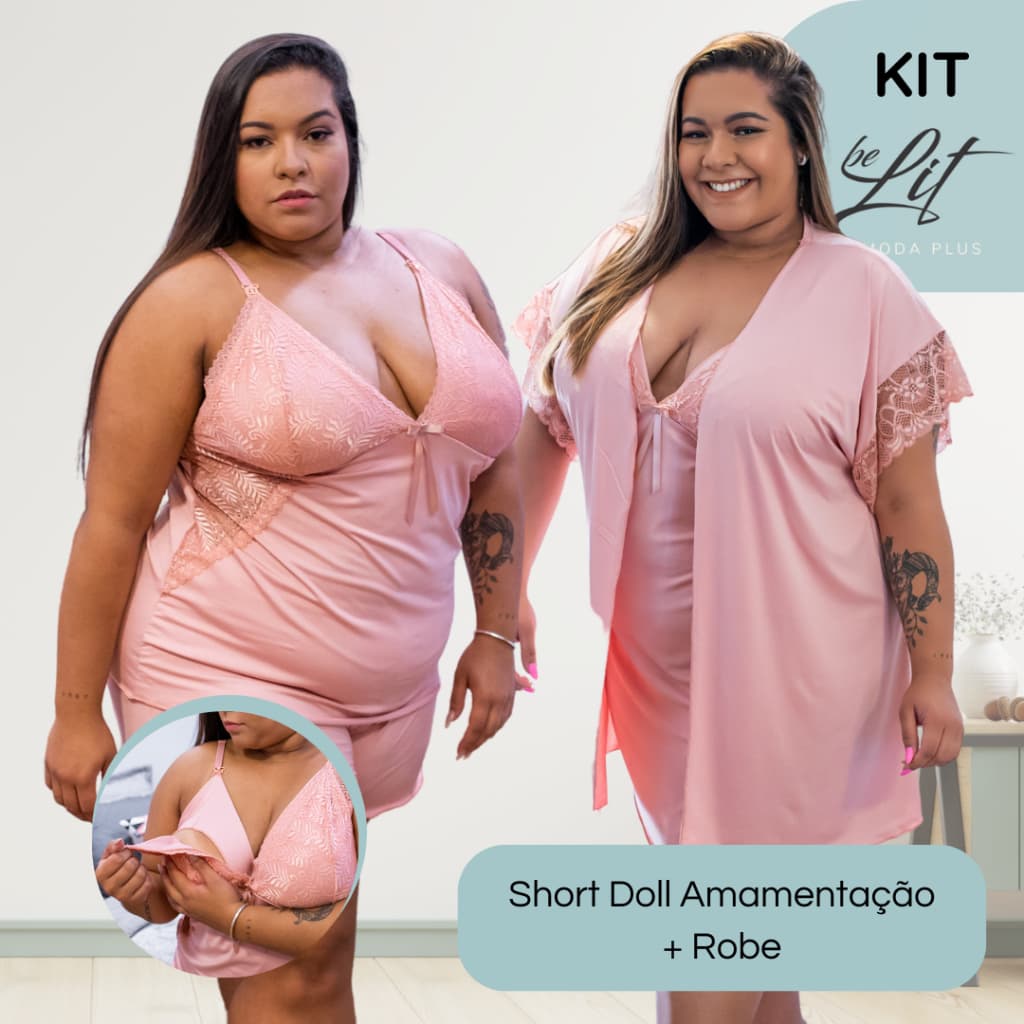 KIT 2 Peças - Robe e Short Doll Amamentação Plus Size 50 52 54 56 58 Conforto Pijama Maternidade  BeLit Moda Plus