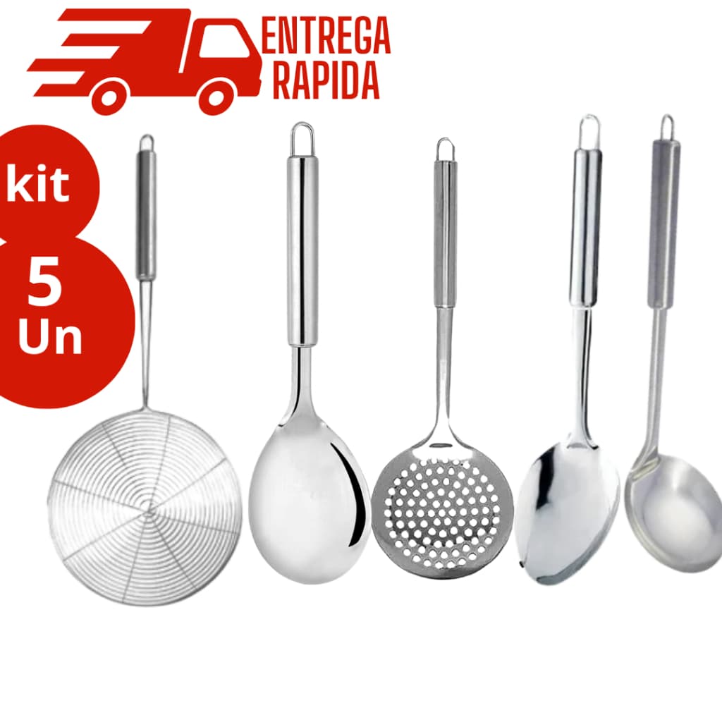 Kit 5 Utensílios de Cozinha 100% Aço Inox Colher de Arroz Escumadeiras concha