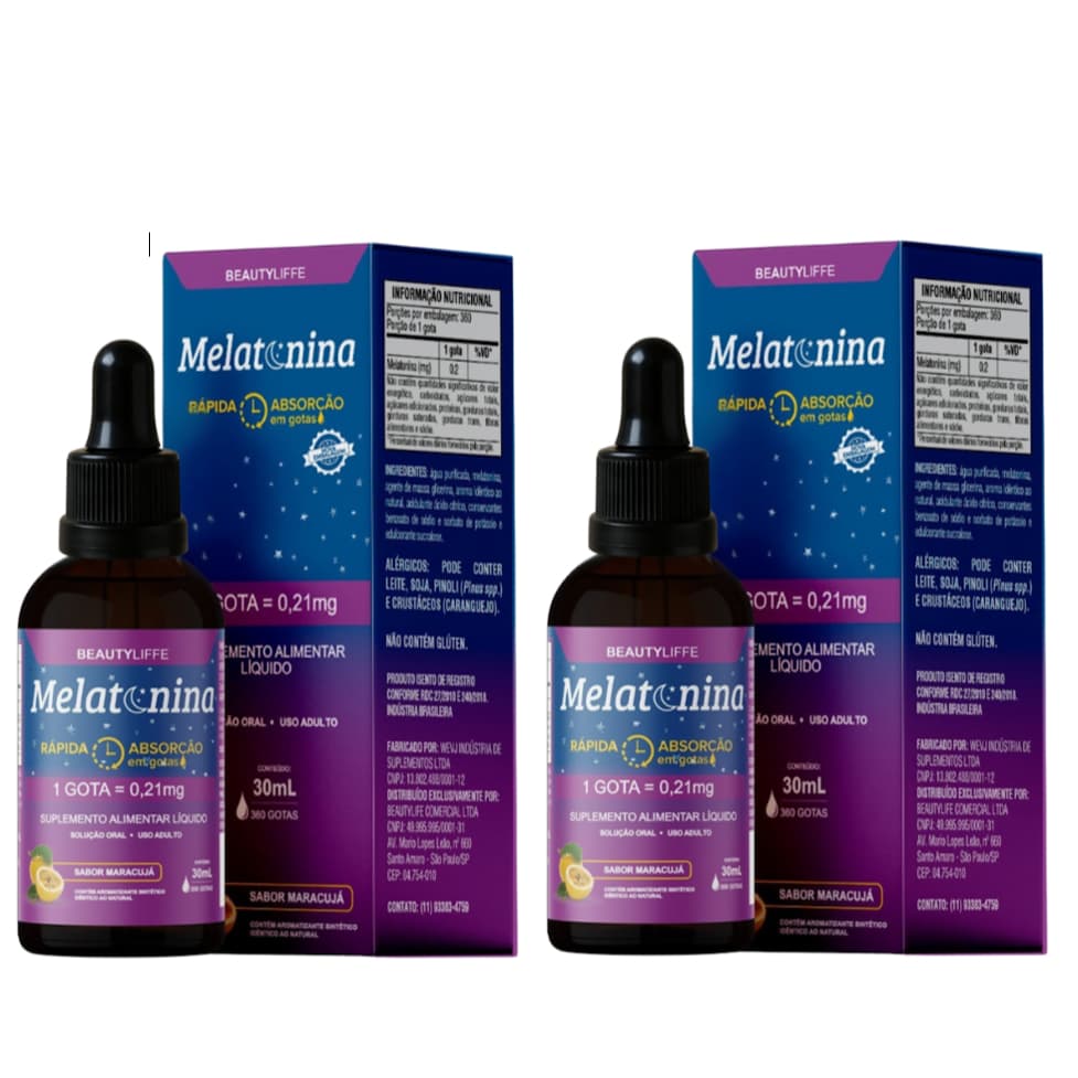 Kit 2 Melatonina BeautyLiffe em Gotas Rápida Absorção, Qualidade no Sono - Sabor Maracujá