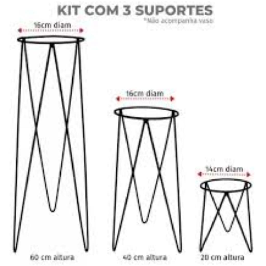 Suporte Tripé para Vasos e Plantas Jardim Kit com 3 peças 60,40 20 cm cg