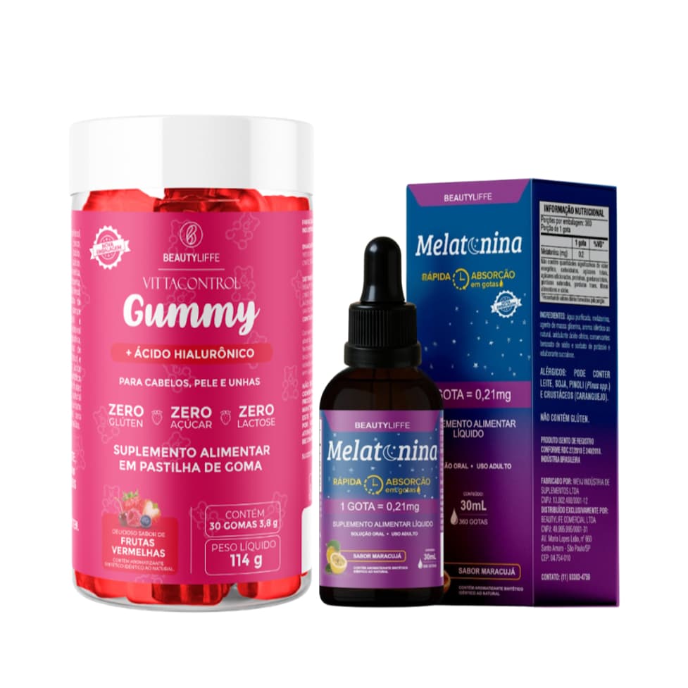 Kit Gummy de Vitaminas para Crescimento Capilar+ Melatonina 30ml ZERO AÇUCAR Cabelo Pele Unha e Sono