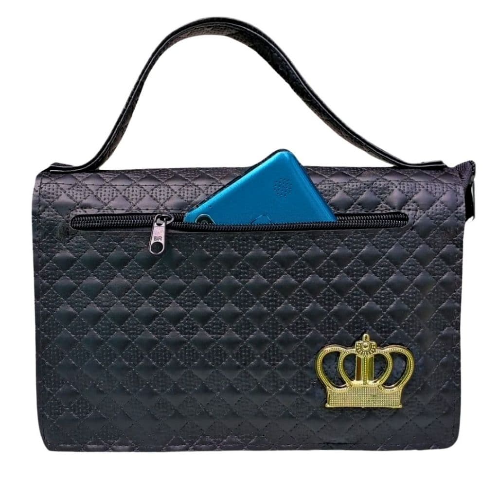 Capa para Bíblia Média com Alça Zíper e Bolso Externo Estilo Bolsa de Mão Craquelada Número 11