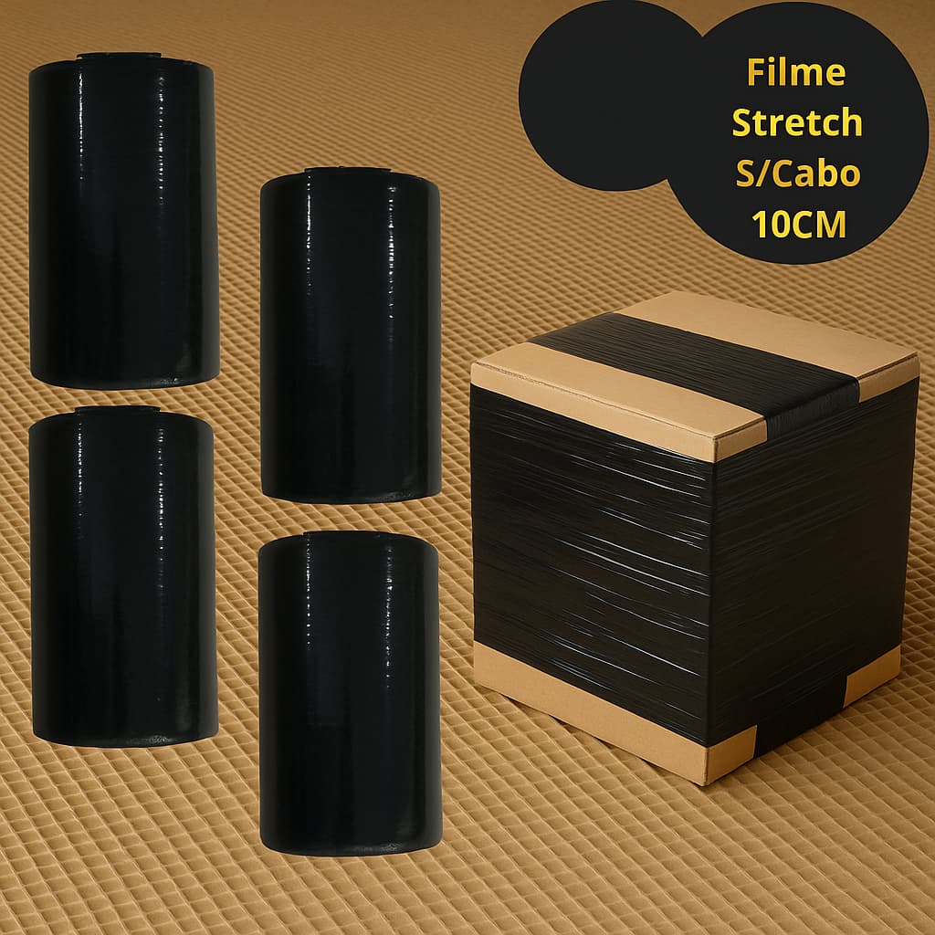 Caixa c/ 10 Rolos Filme Stretch 100mm Preto – Proteção e Agilidade p/ Embalar + Resistência Pro!
