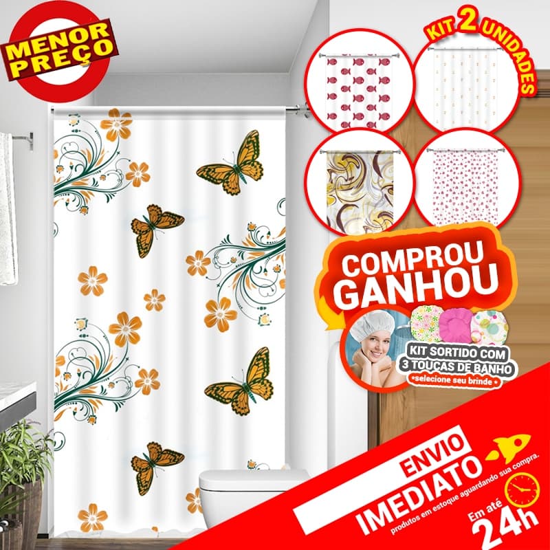 Kit 2 Cortinas de Box Banheiro Diversas Estampadas Uso Direto no Suporte Acabamento em Viés 100% PE