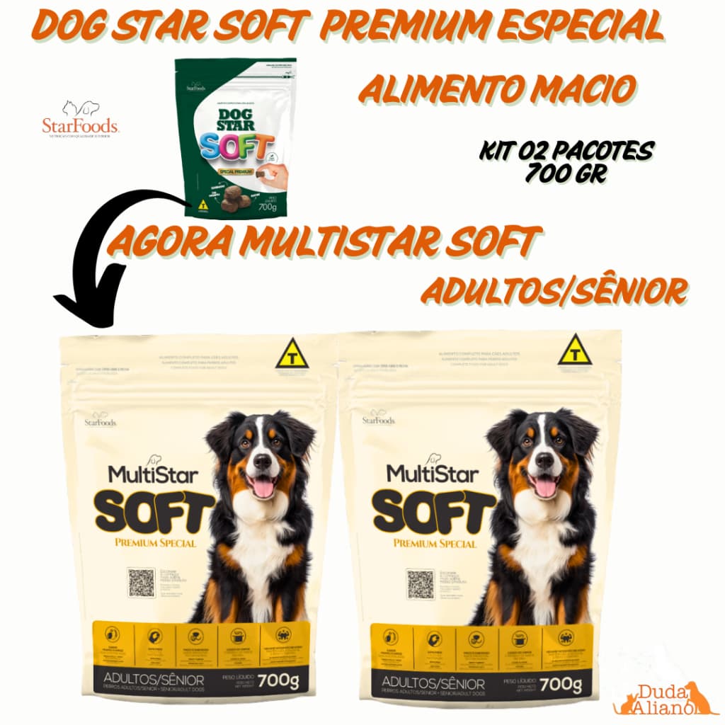 Ração Macia Dog Star Soft/ MultiStar Soft Sênior kit 2pcts 700gr sem corantes Premium Especial