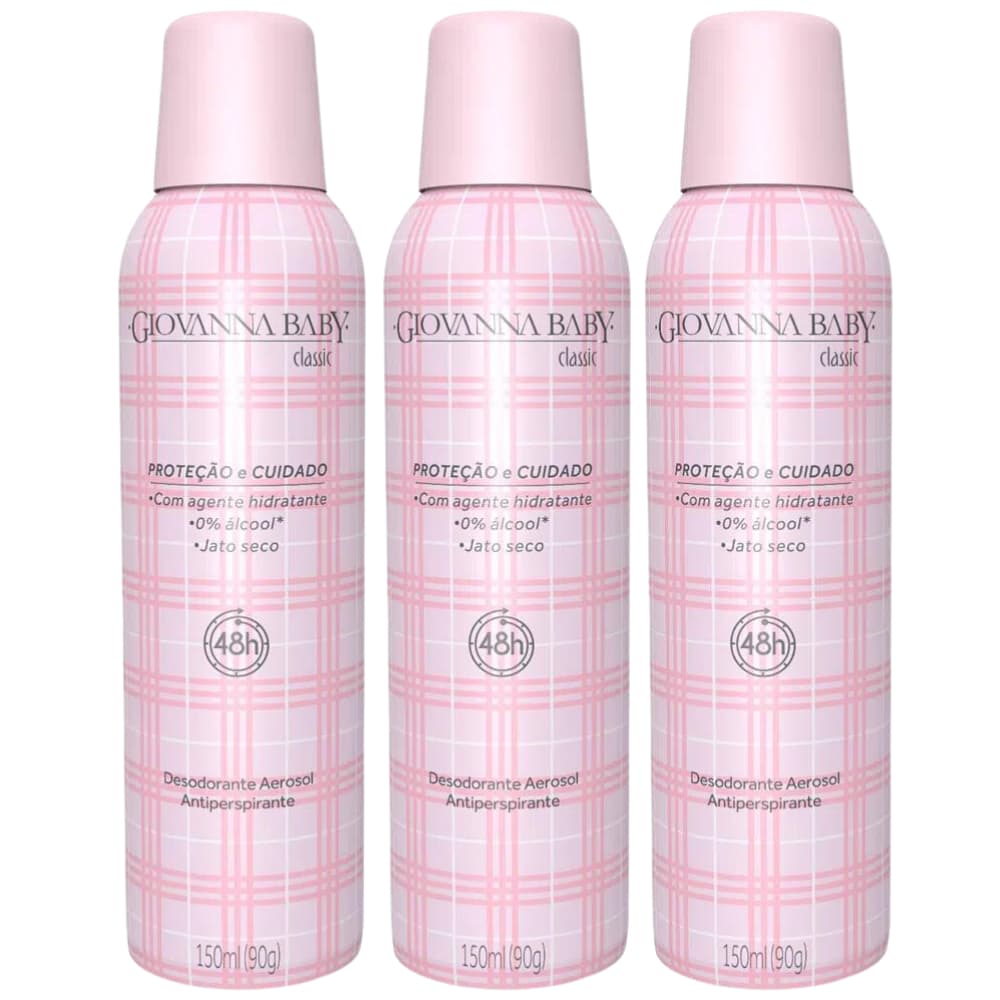 Kit 3 Desodorantes antitranspirantes Spray Giovanna Baby Classic Jato Seco 150ml cada