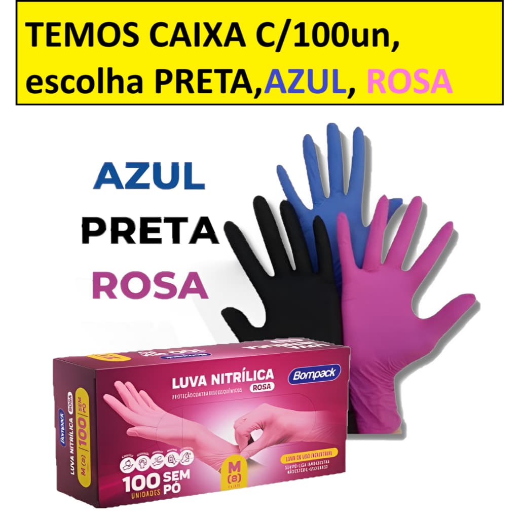 Kit 100 Luva Nitrílica sem pó nitrilo preta/rosa/azul antialérgica descartáveis P, M , G, GG com certificado