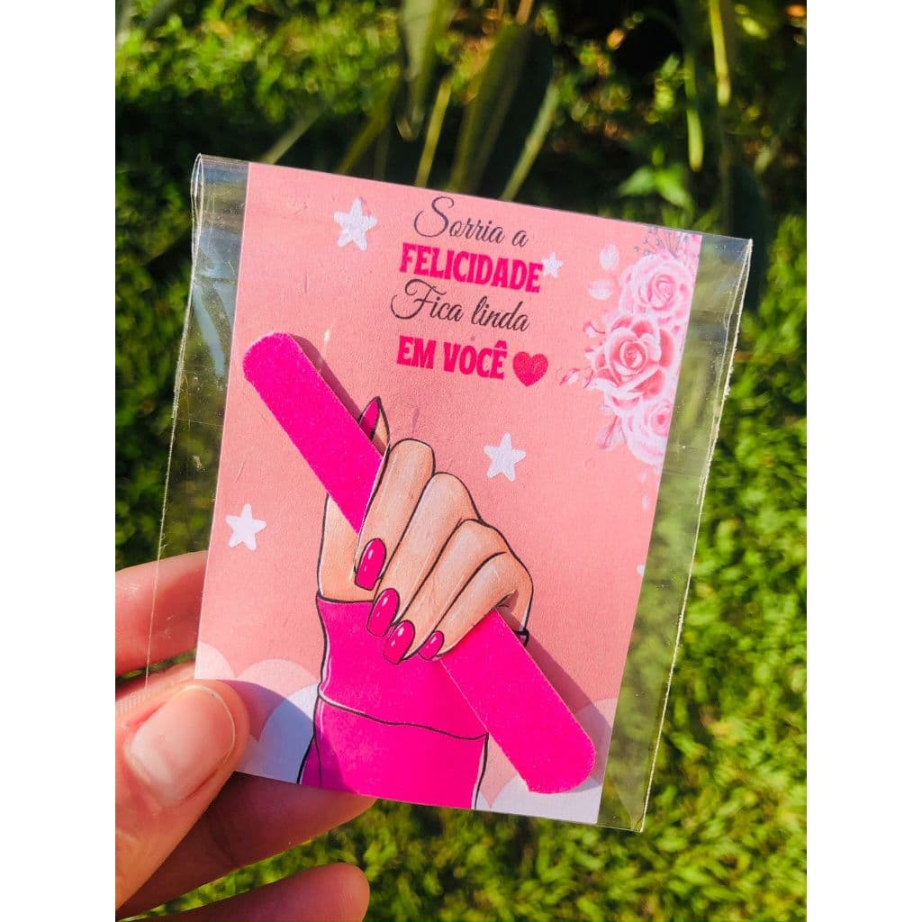 Kit 50 Unidades de cartãozinho com mini lixa de unha rosa, cartão personalizado, mimos para clientes