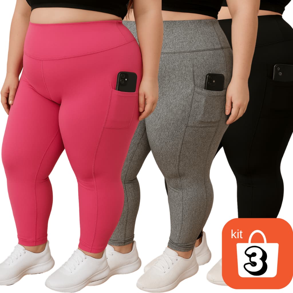 Kit 3 Leggings com Bolso Fitness Plus size GG ao EXGG Calça feminina Cintura Alta curves academia