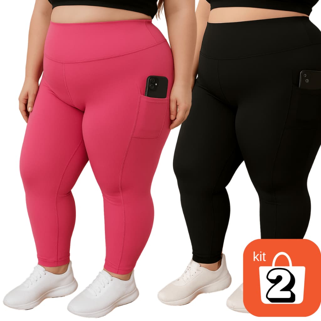 Kit 2 Leggings com Bolso Fitness Plus size GG ao EXGG Calça Esportiva Cintura Alta Modeladora