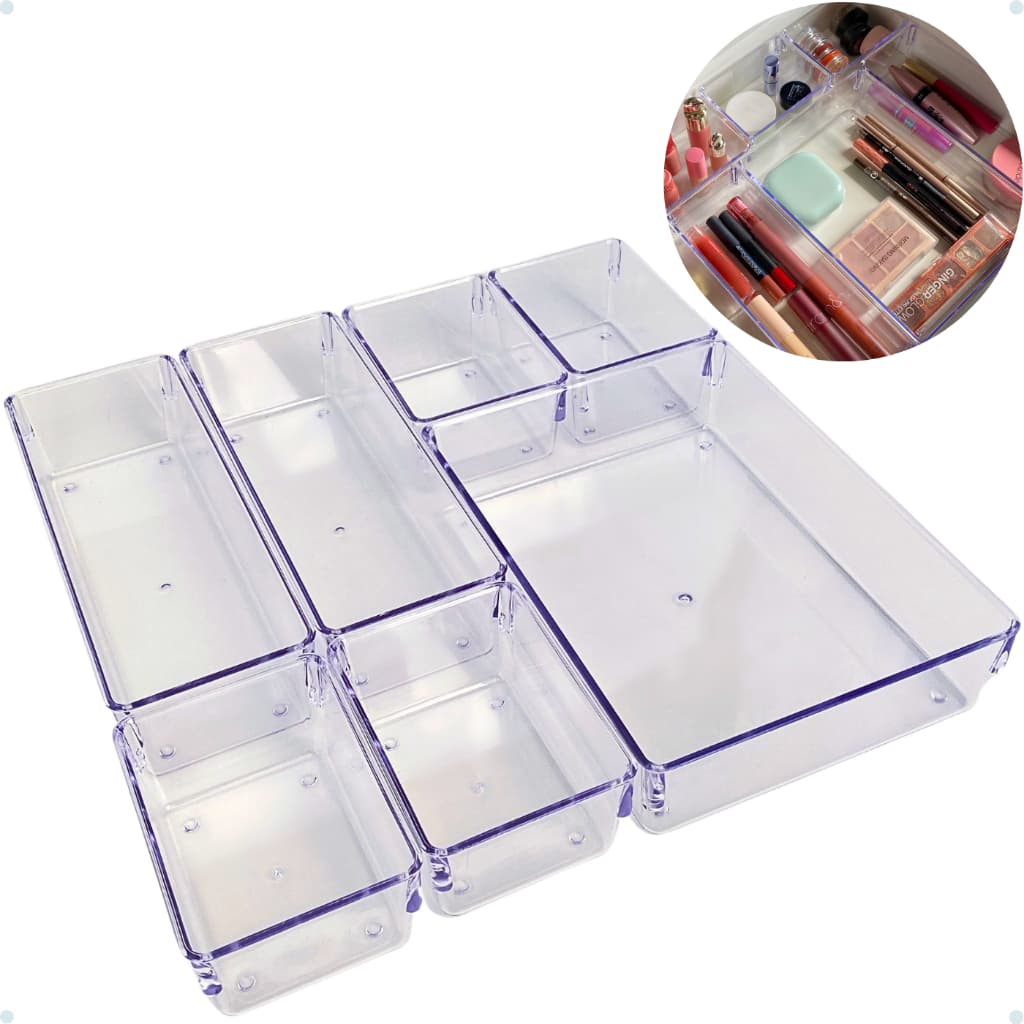 Kit 7 Organizadores Multiuso para Gavetas Armários Geladeiras Pote Acrílico Cristal e Fumê Plastutti
