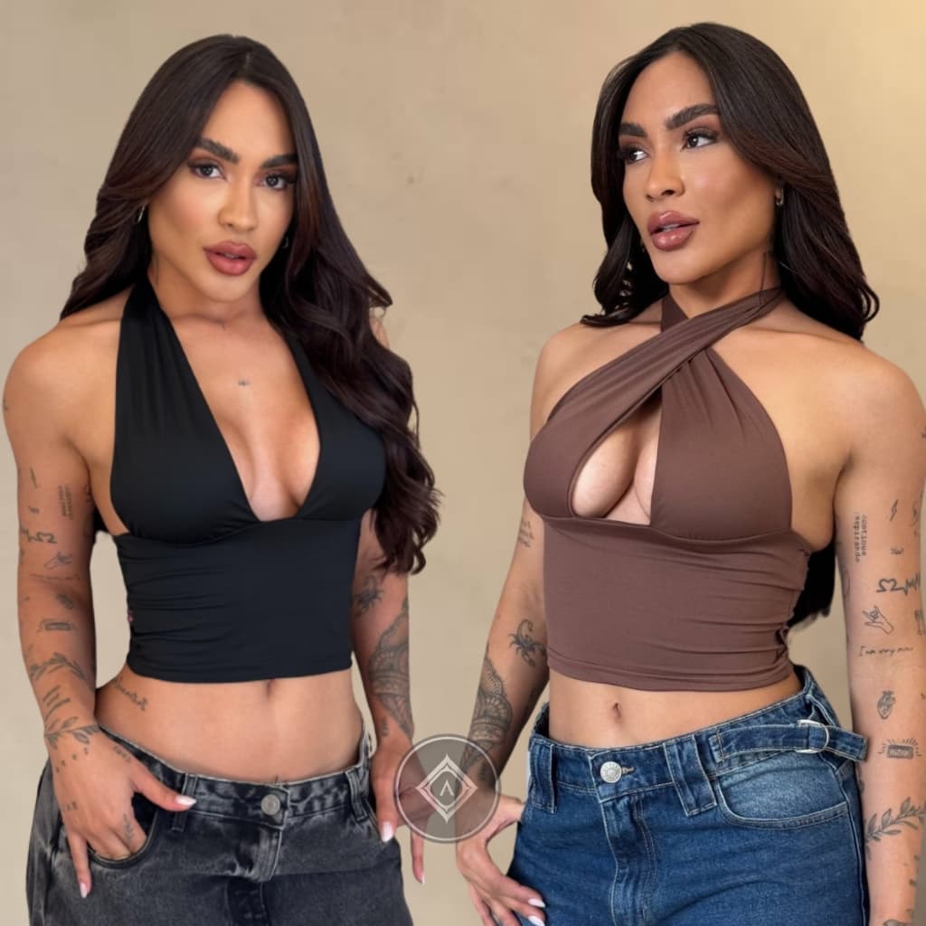 Blusa Top Cropped Com Amarraçao Multiformas Decote Forado Festa Moda Gringa Decotado Suplex Premium Sexy Sustentaçao Sli