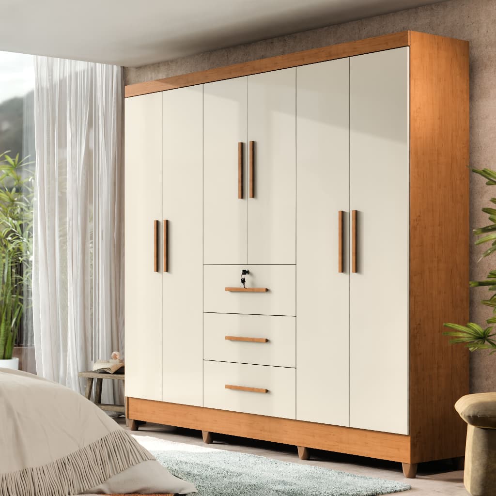Guarda-Roupa Casal 6 Portas 3 Gavetas com Chave Mumbai MDP Nature/Off White ou Branco