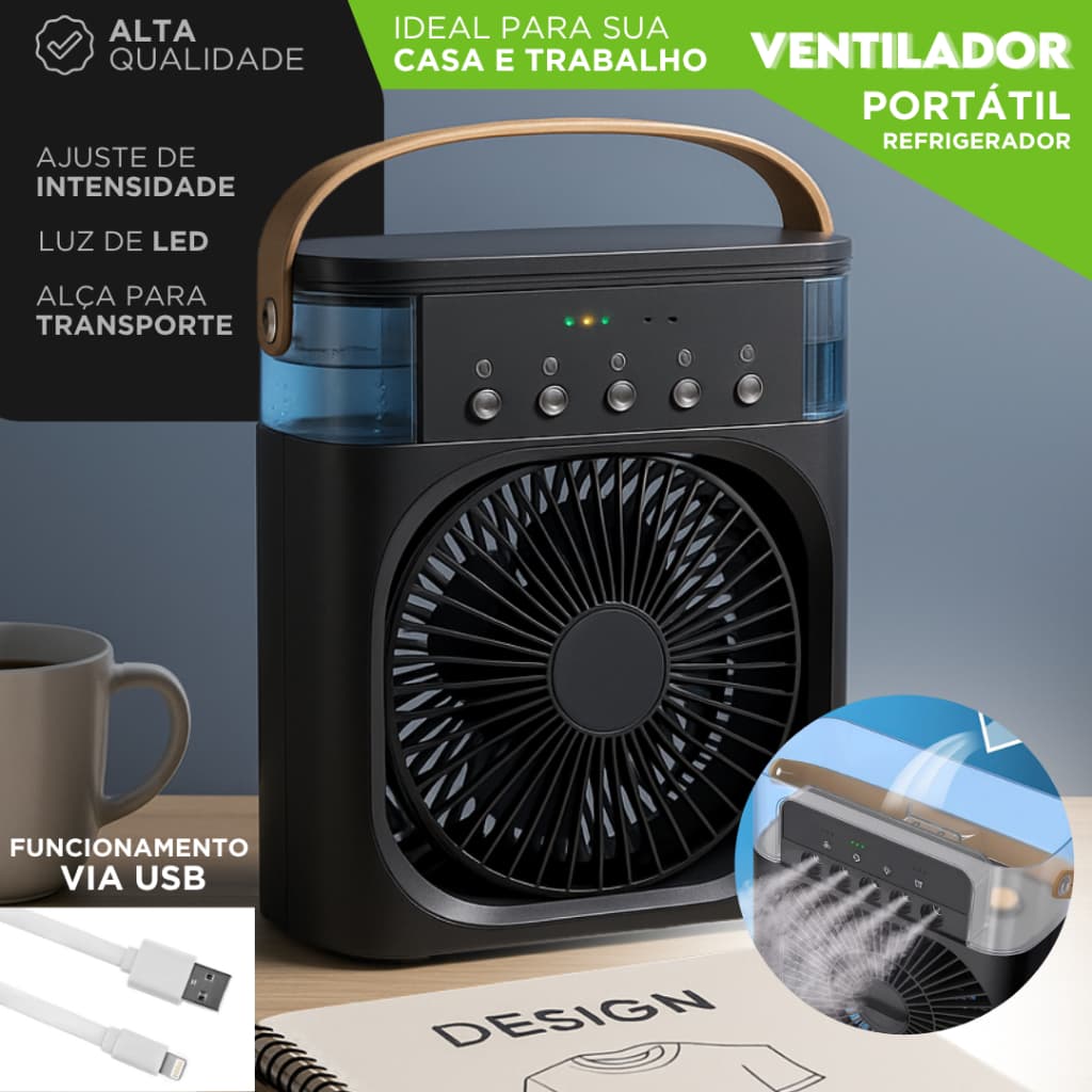 Ventilador USB com LED | Mini Ar Condicionado Portátil com Alça | Para Quarto, Sala e Escritório -AE