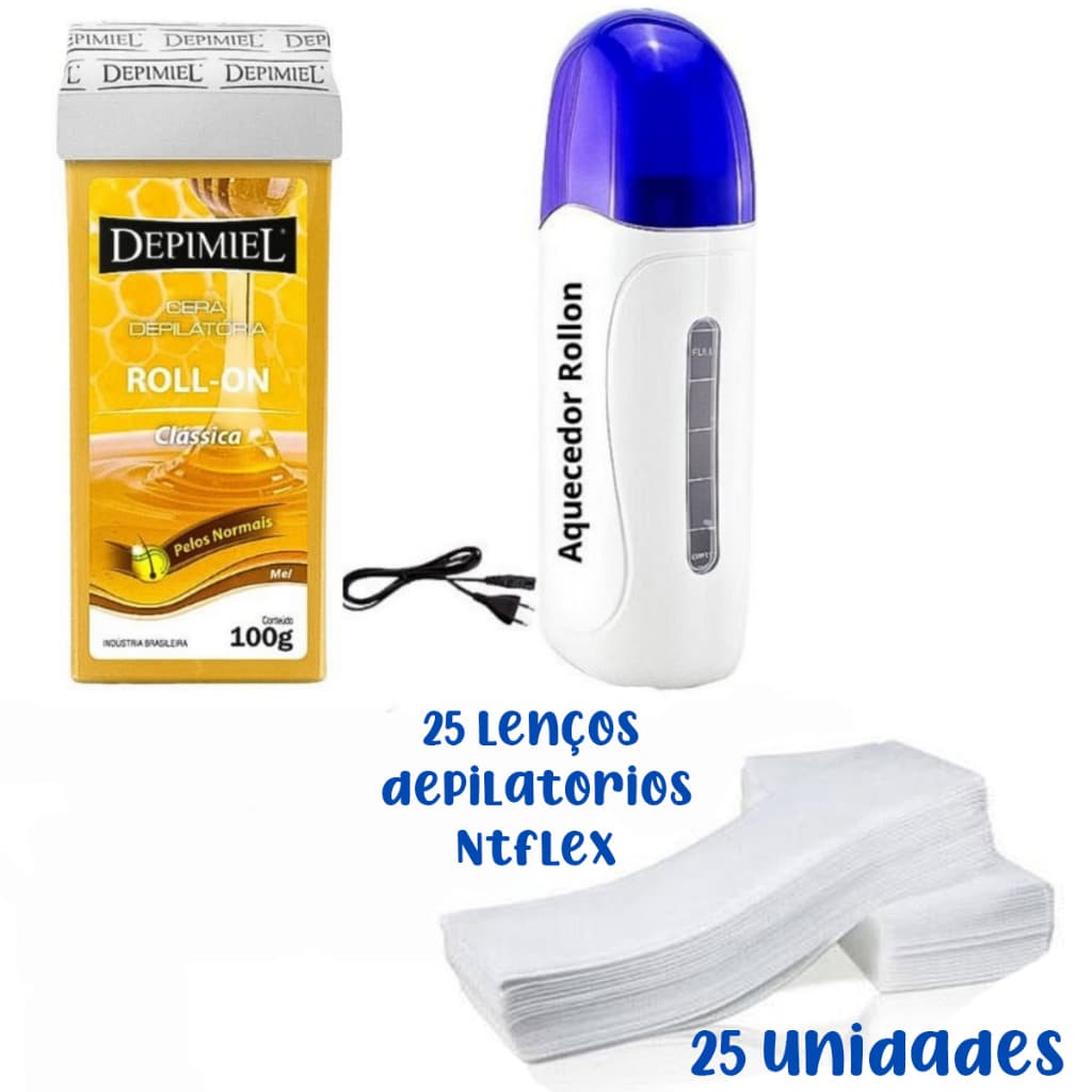 KIT Aparelho Aquecedor De Cera Quente Roll On + Refil De Cera Rolon 100g + Papel 25 unidades