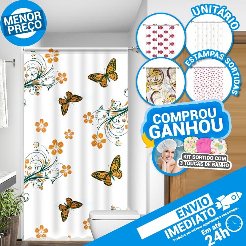 Cortina Para Box de Banheiro PE Uso Direto ao Suporte Acabamento em Viés Estampada Sortidas