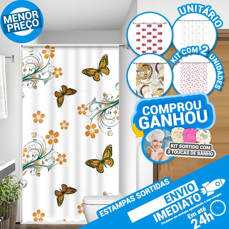 Cortina Box de Banheiro PE Uso Direto ao Suporte Acabamento em Viés Sortidas Unidade  e Kit c/ 2 pçs