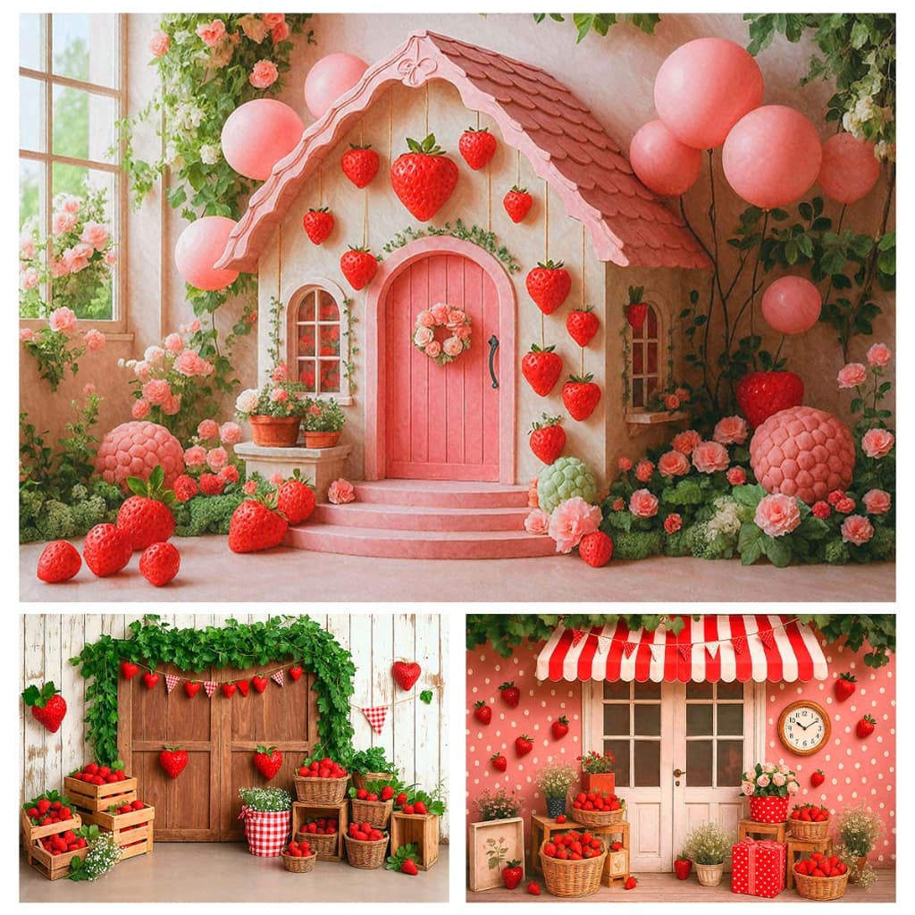 Fundo Fotográfico Morango Newborn 3D Tecido Sublimado 1,5x2,2 Mt