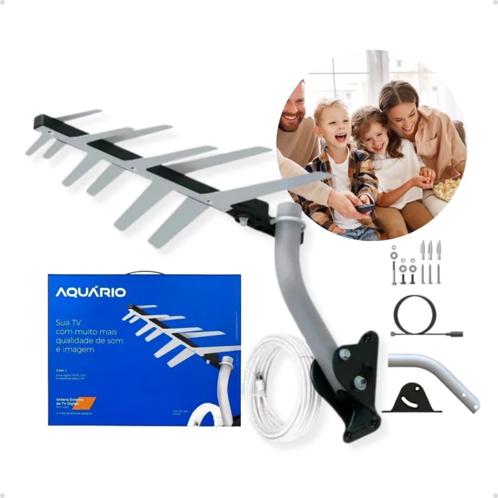 Antena Digital Externa Aquario DTV 1500 com Cabo 10 Metros para TV UHF HDTV 4K Kit Completo