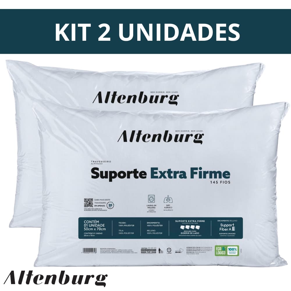 Kit 2 Travesseiros Altenburg Suporte Extra Firme Antialérgico Alto Lavável em Máquina 50 x 70cm