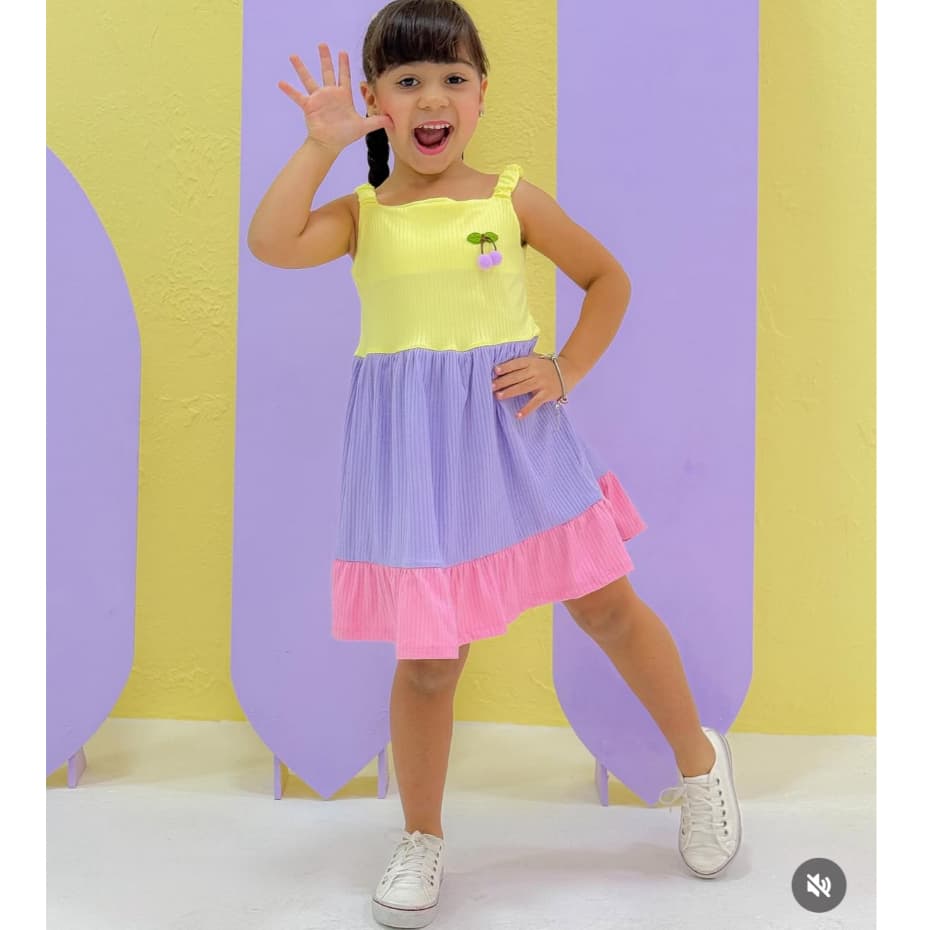 Vestido Infantil  Multicolorido Canelado  Detalhe de Cereja