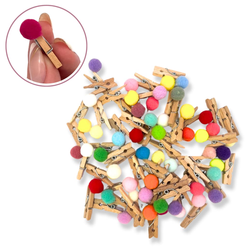 Mini pregador prendedor madeira 2,5 cm com Pompom colorido 50 unidades lembrancinha fotos
