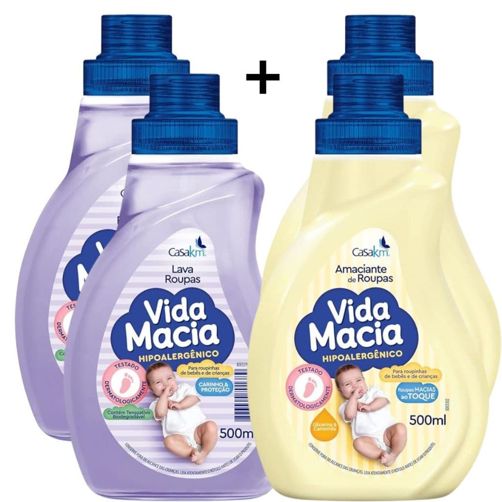 Kit 2/4 Lava Roupas Liquido e Amaciante Bebe Vida Macia Camomila Preserva Tecido Cheiro Suave