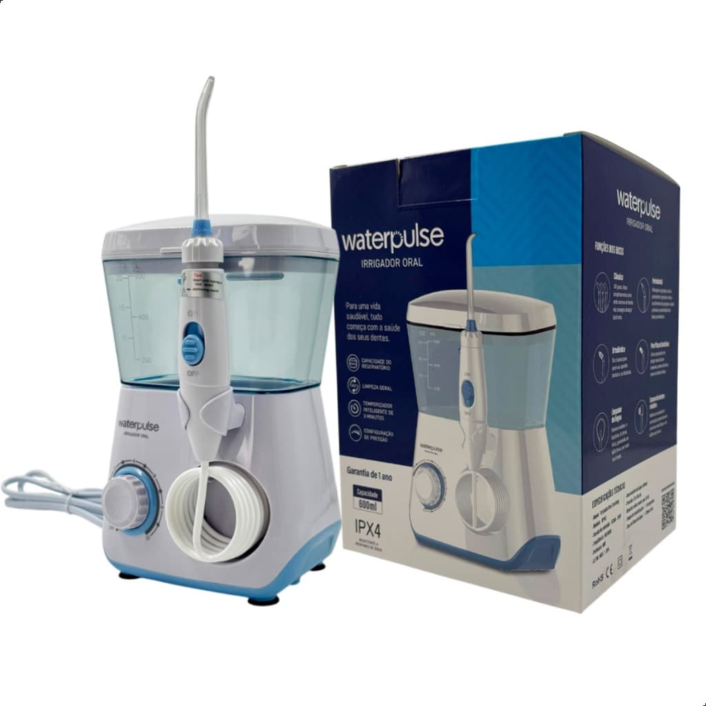 Irrigador Oral Bivolt Waterpulse Portátil 10 Níveis de Pressão 8 Bicos Limpeza Limpador Dental 600ml