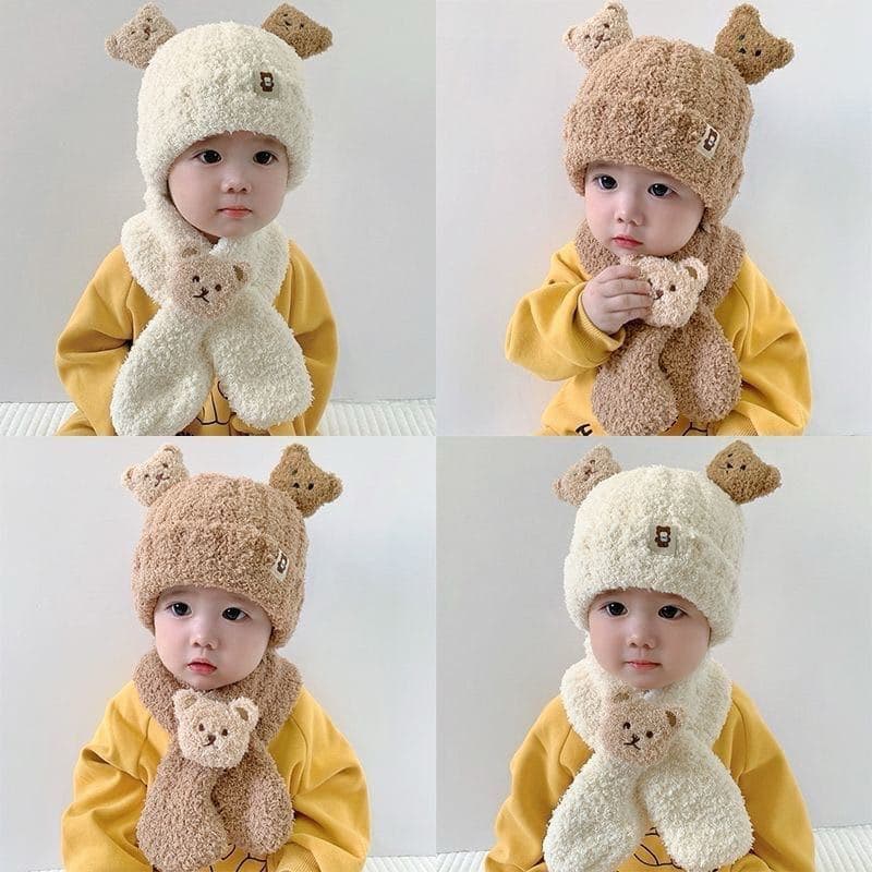 Touca Gorro Com Cachecol Bebê Infantil Ursinho 3d Inverno