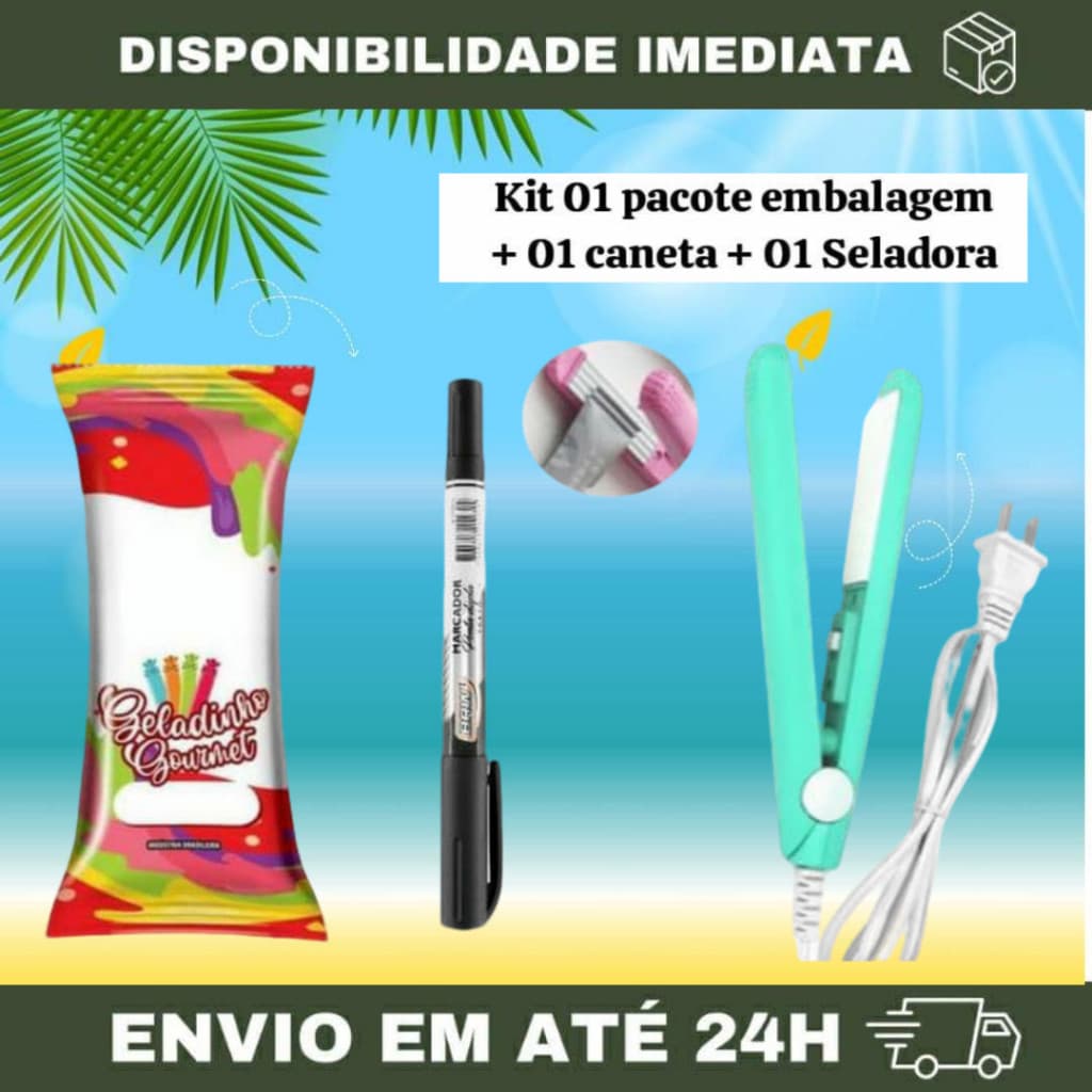 KIT 01 PACOTE + SELADORA+ CANETA Embalagem higiênica para geladinho gourmet vermelho/Azul 7x19. 01 PCT+01 CANETA+01 SELA