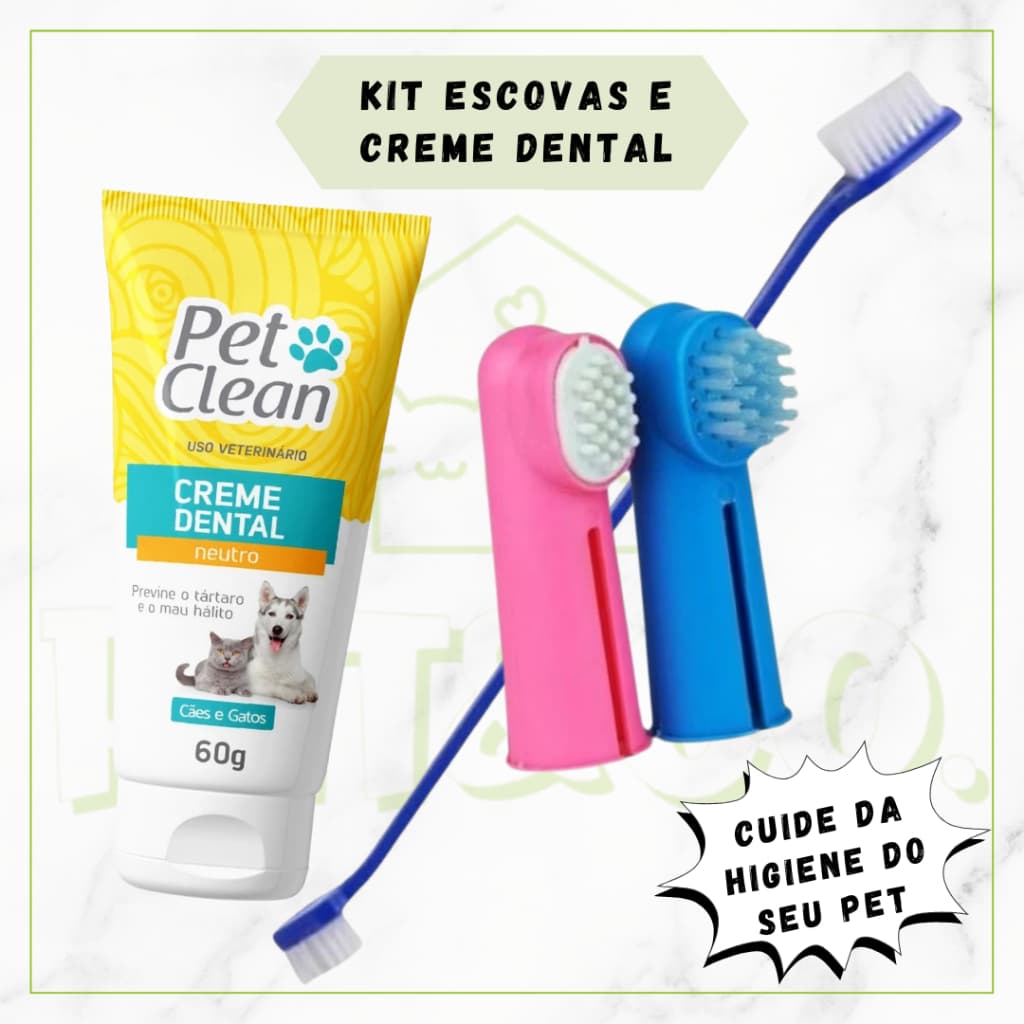 Higiene Bucal Pet Kit Creme Dental e Escovas Dedal e Longa