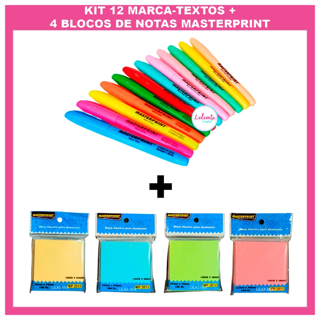 kit marca texto 12 cores Masterprint (6 neons + 6 pastéis) + 4 Blocos Notas Adesivo Marcador Páginas