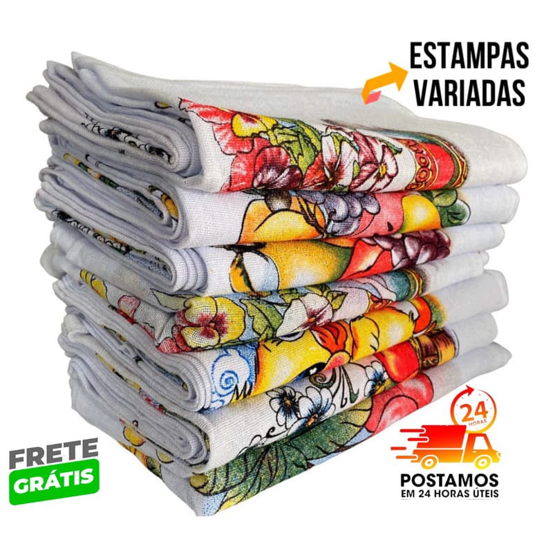 Pano De Prato Estampado Bainha Kit Com 10 Peças
