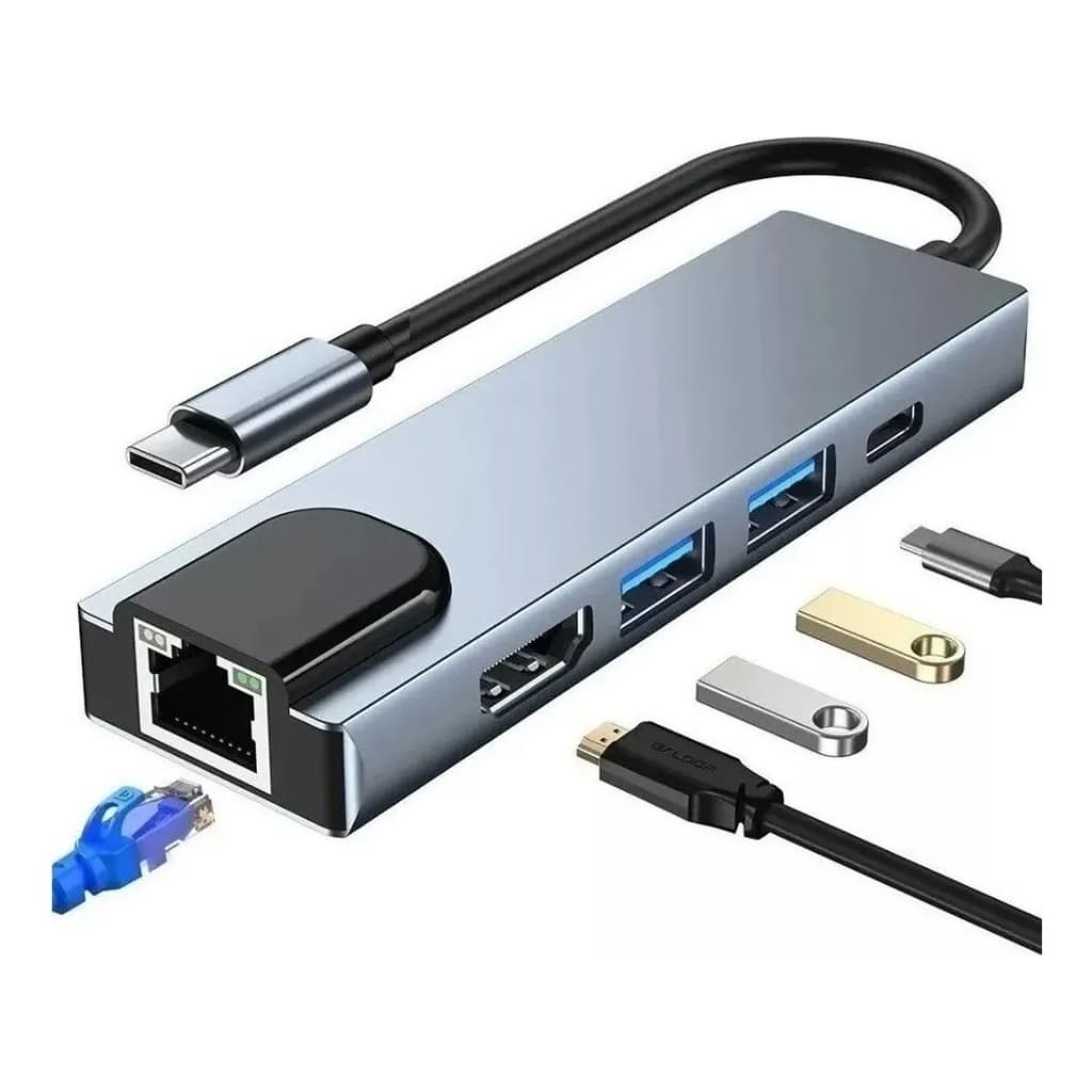 Adaptador Multifuncional Tipo C Hub Hdmi 4k Internet Rj45 KA-6050 HUB 5 PORTAS KAPBOM KA-6050 2X USB/ RJ45/ HDMI/ TIPO C