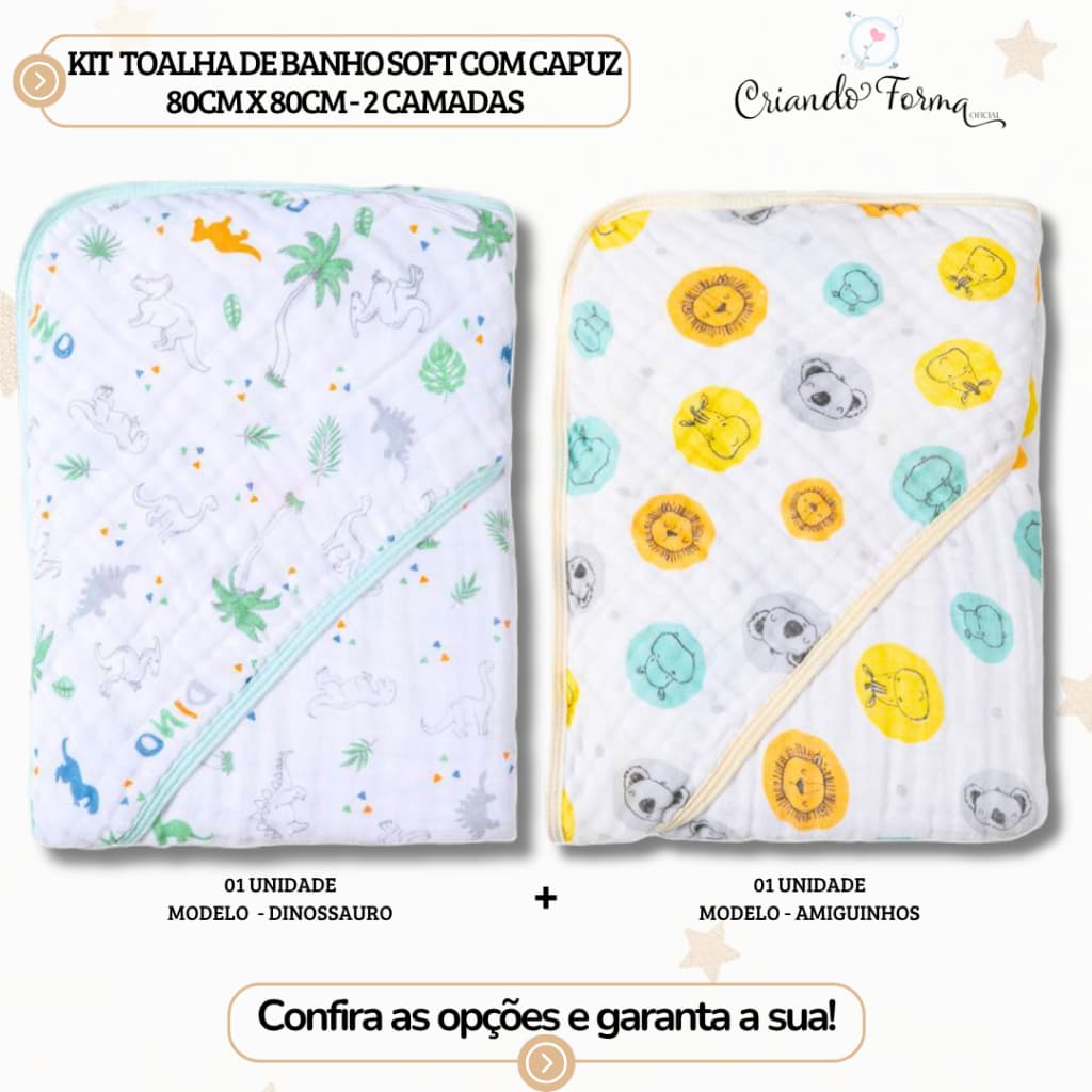 Kit com 2 Toalhas de Banho Soft c/ Capuz - 2 Camadas de Fralda - Tecido 100% Algodão - 80cm x 80cm