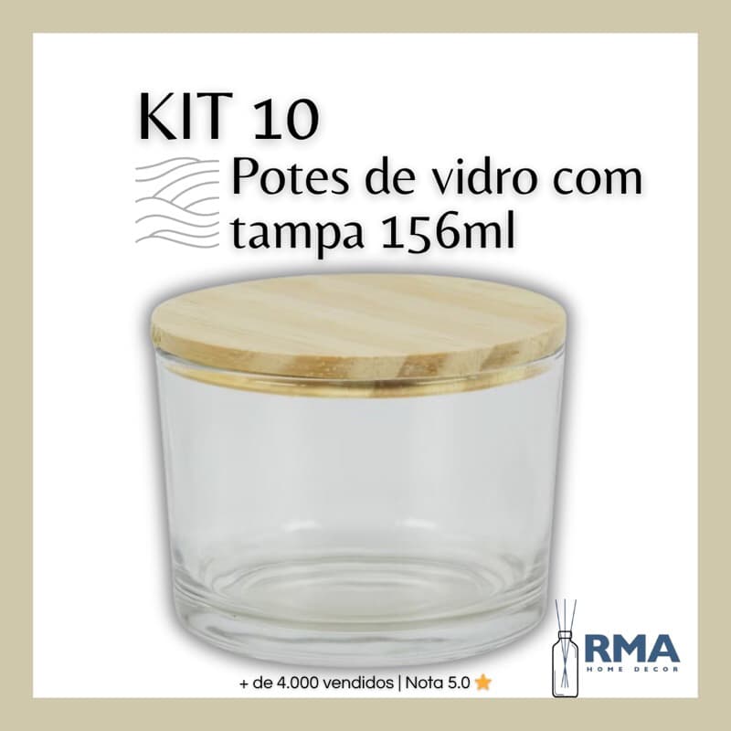 Kit 10 Potes Pote de Vidro Patê 156ml com Tampa Madeira: Vela aromatica, Temperos, Sobremesa e Castiçal Pate