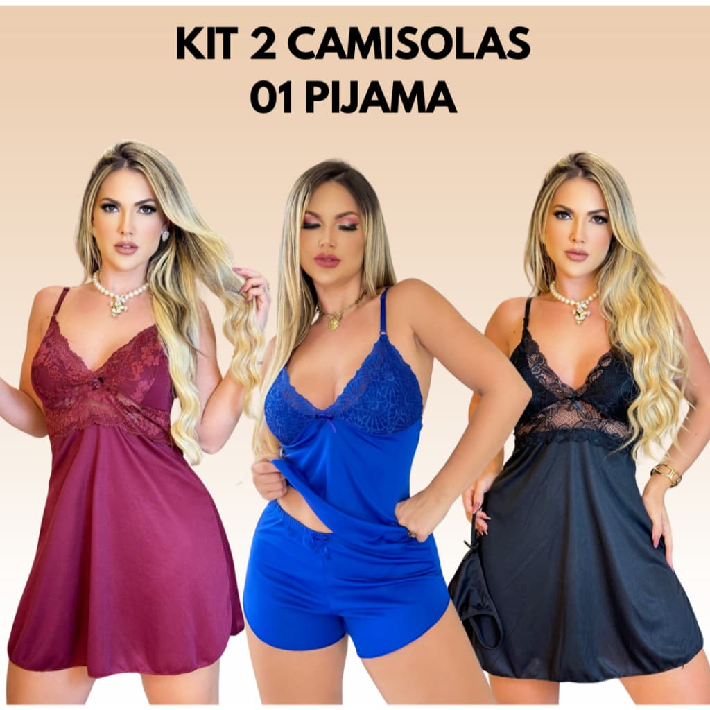 Kit 2 Camisolas + 1  Baby Doll Pijama Feminino Com Calcinha Sensual Traje De Dormir Sem Bojo