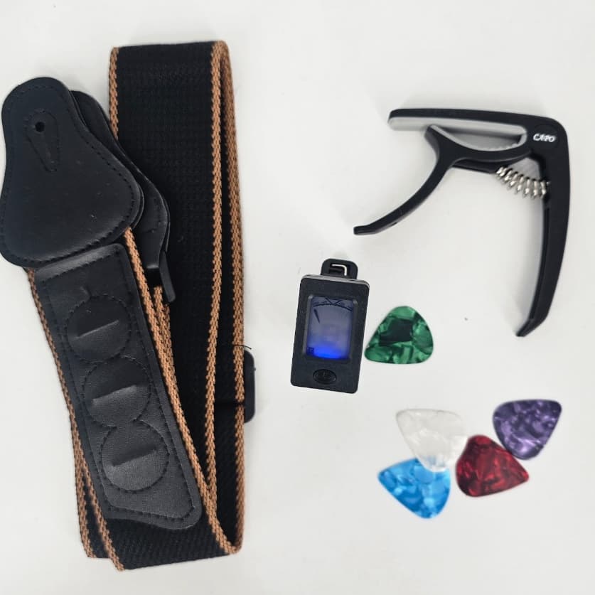Kit 4 em 1 para Violão e Guitarra – 1 Afinador Digital + 1 Capotraste + 5 Palhetas + 1 Correia com Porta Palhetas