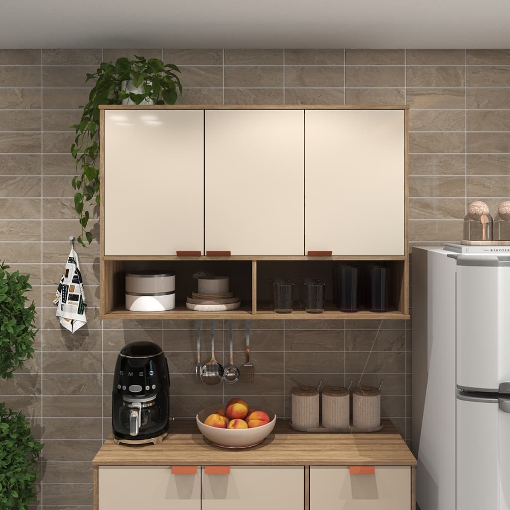 Armário Modular Suspenso com 3 Portas e Nicho Ideal para Cozinha, Lavanderia Pequena Área De Serviço Design Industrial
