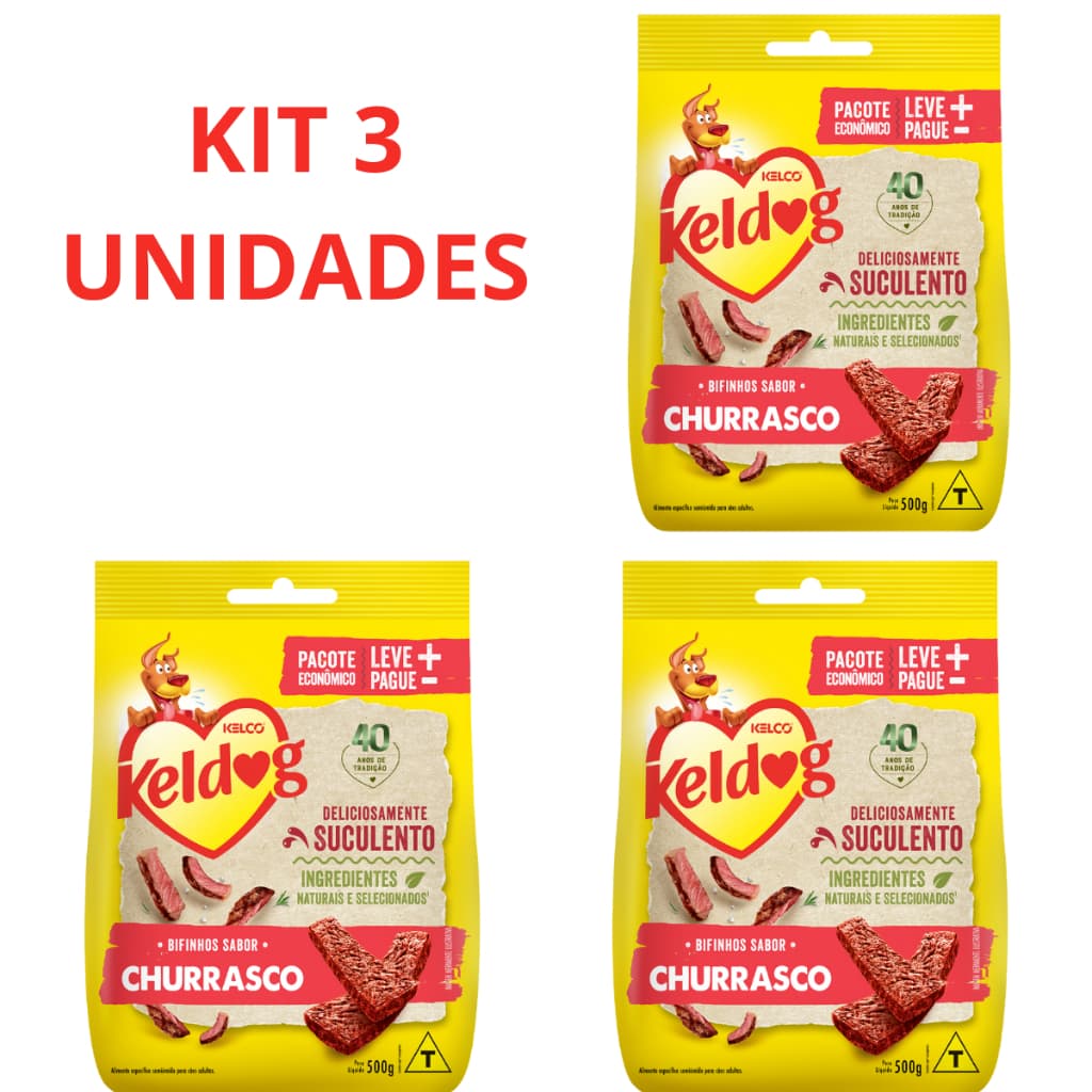 Petisco Para Cachorro Bifinho Sabor Churrasco Keldog 500gr Kit com 3 unidades