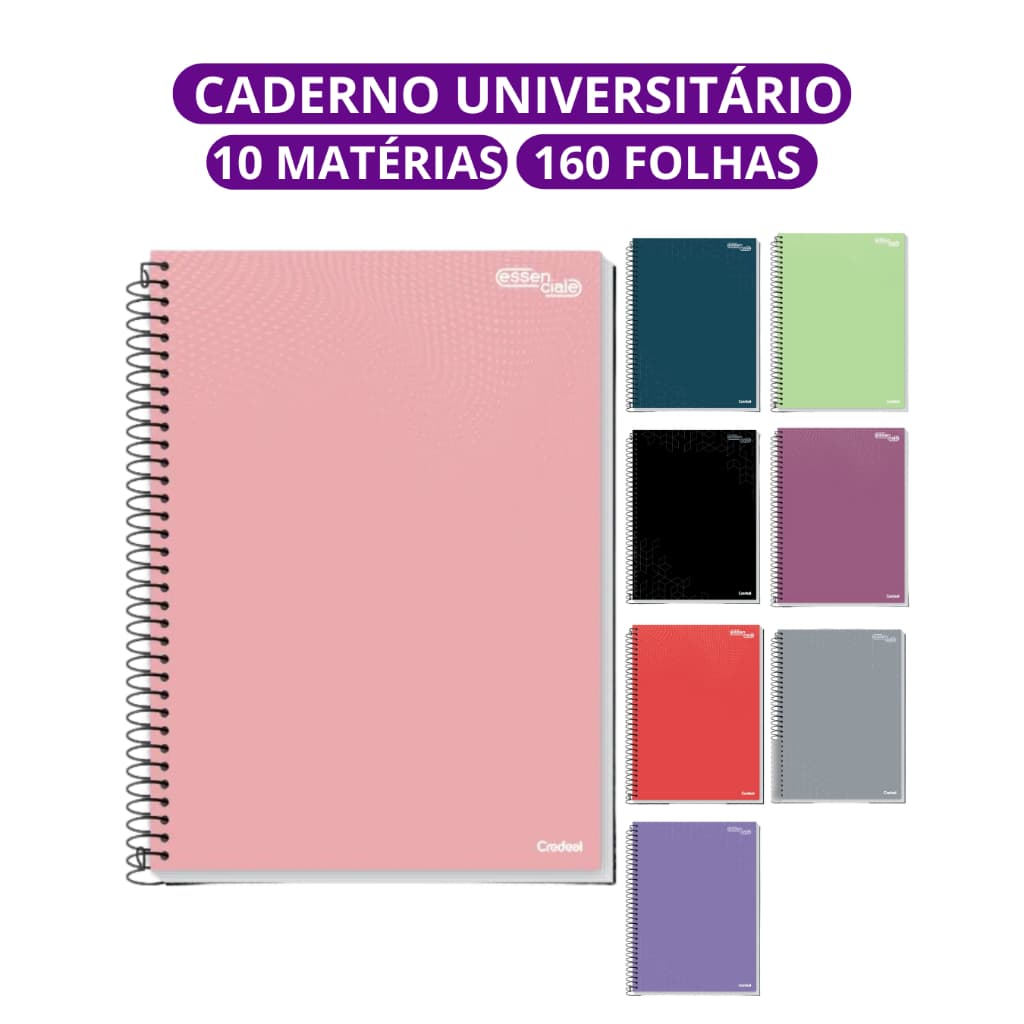 Caderno Universitário Capa Dura 10 Matérias Com 160 Folhas Preto Rosa Escolar Credeal