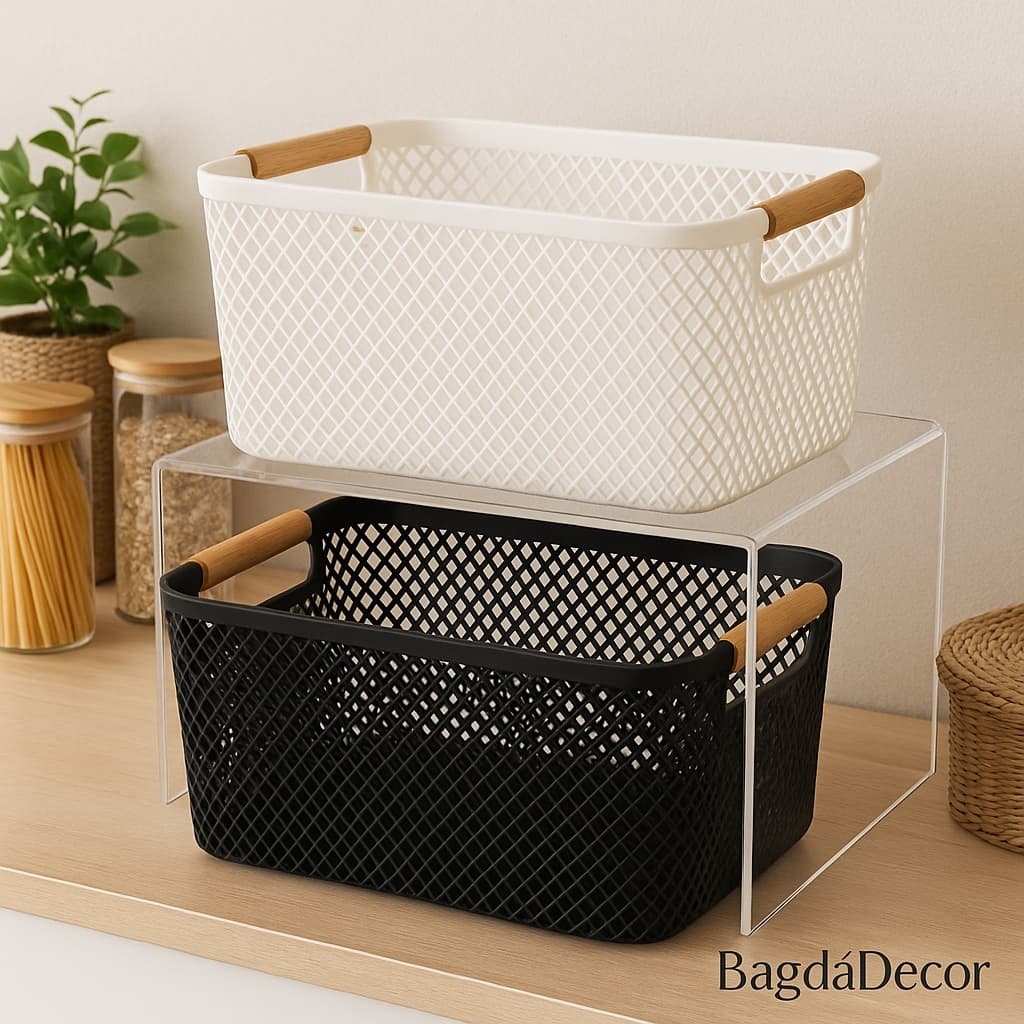 Cesto Organizador de Plástico com Alça de Bambu – Preto ou Branco, Tamanhos M e G Cozinha Banheiro