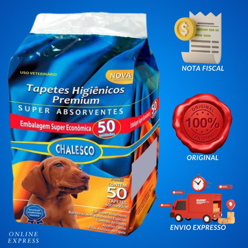 Tapete Higiênico Chalesco 90x60cm Antivazante Absorvente P/ Cachorro Com 50 Unidades