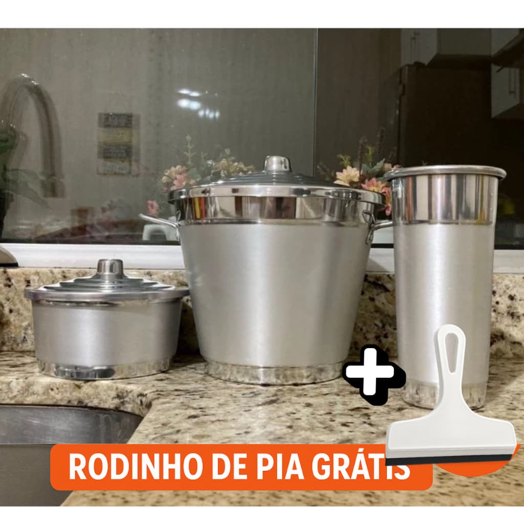 Lixeira Porta Sabão e Detergente Cozinha Kit Pia Conjunto Alumínio Polido Escovado + Rodinho Grátis
